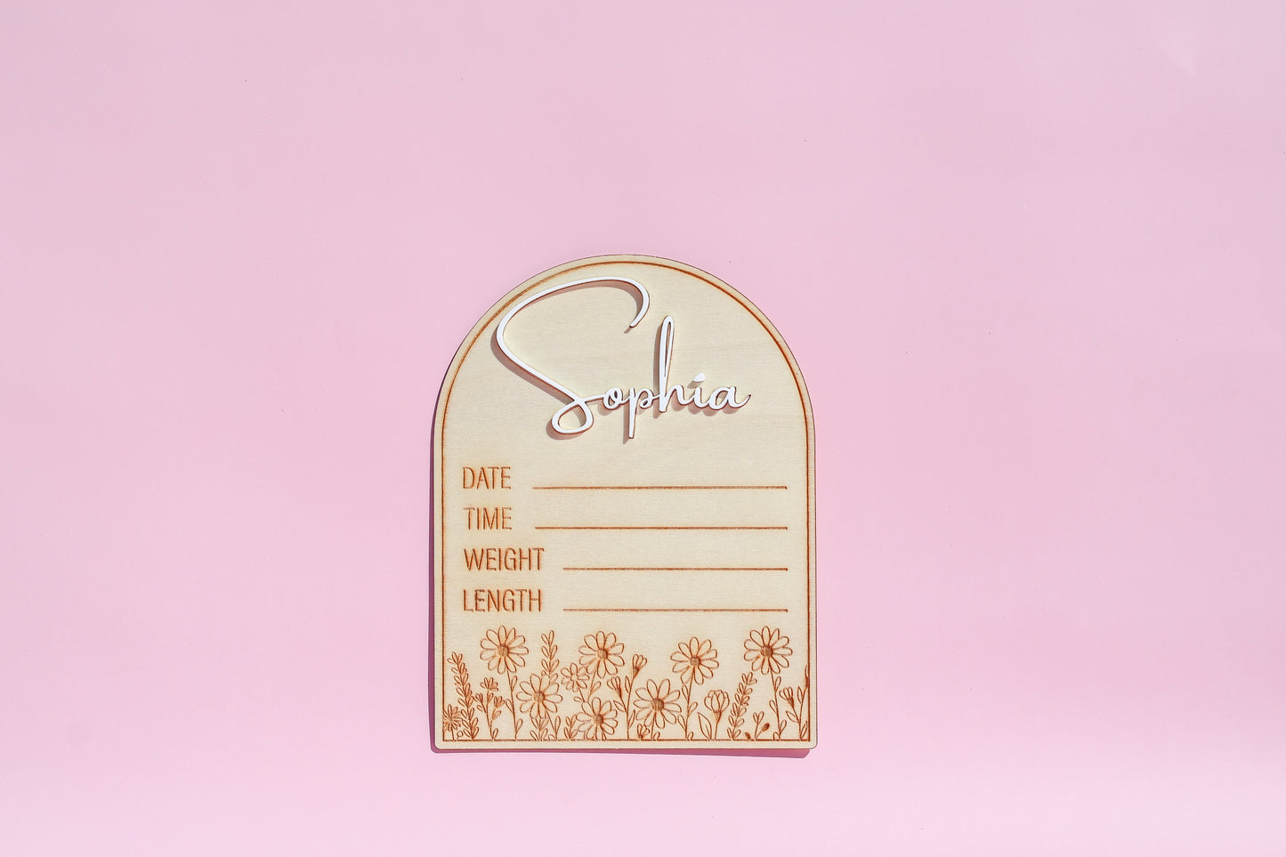 Personalised Birth Stat Plaque with Acrylic Name – Floral Arch Design