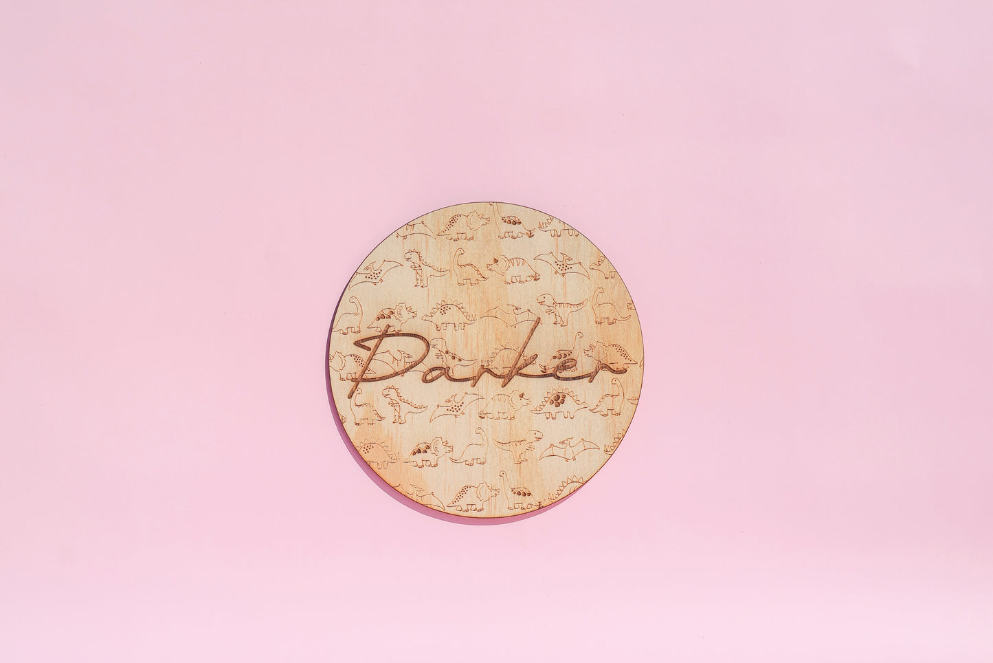 Personalised Dinosaur Name Plaque – Round Wooden Design with Optional Acrylic Name