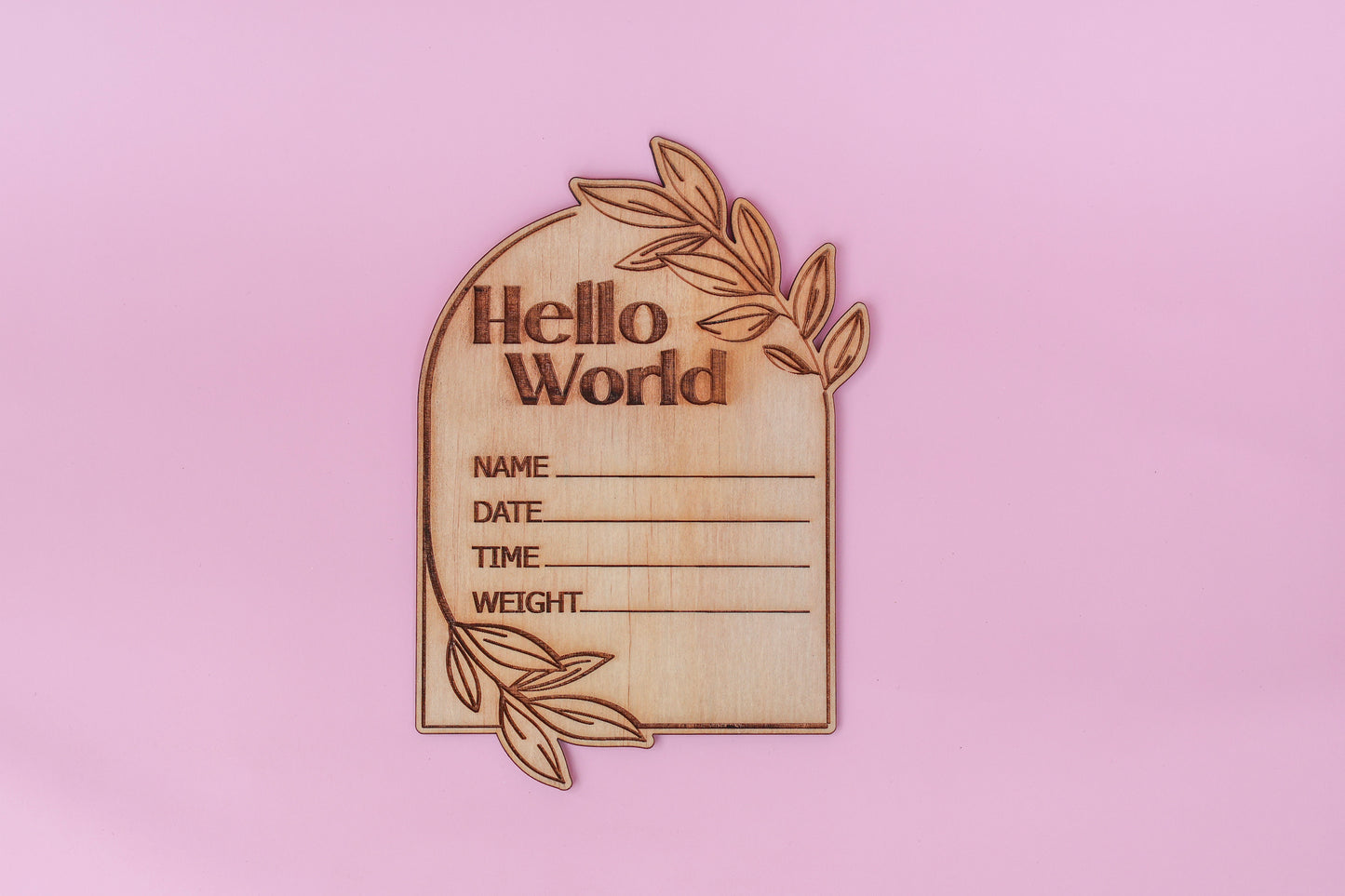 Hello World Baby Announcement Plaque – Botanical Arch Design