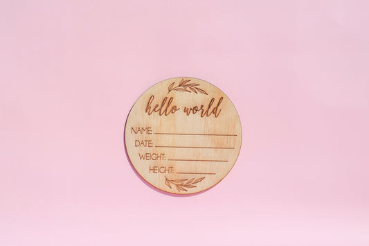 Hello World Baby Birth Stat Plaque – Round Engraved Design