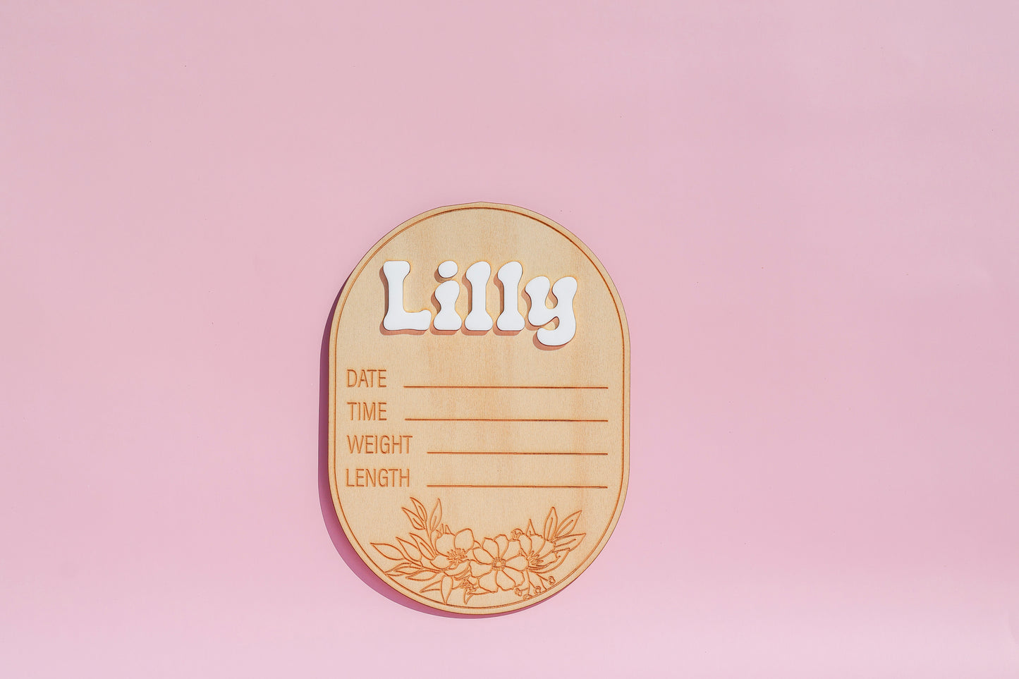 Personalised Baby Birth Stat Plaque – Floral Arch with Acrylic Name