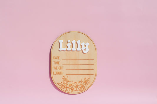 Personalised Baby Birth Stat Plaque – Floral Arch with Acrylic Name