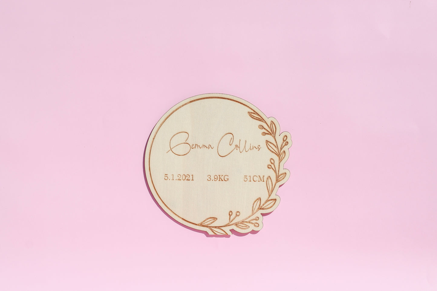 Personalised Baby Birth Announcement Plaque – Round Floral Design
