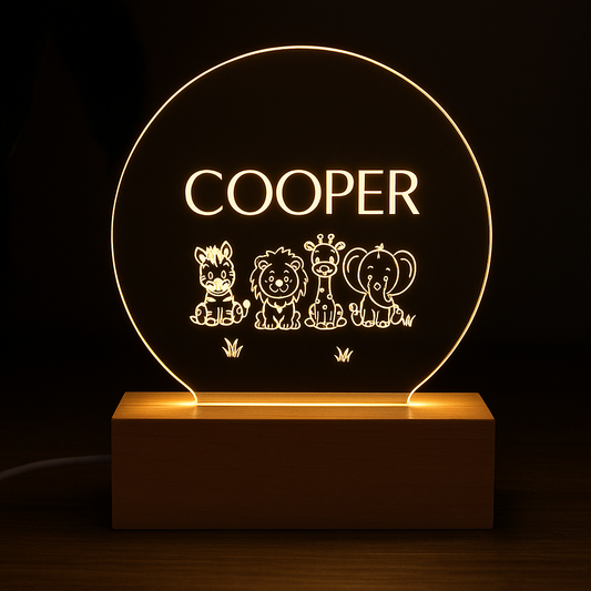 Personalised Safari Animal LED Night Light – Custom Name Nursery Lamp