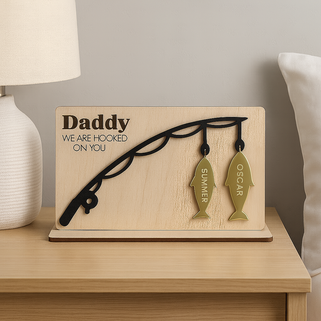 Personalised “We’re Hooked on You” Fishing Plaque – Custom Name Gift with 1–4 Fish